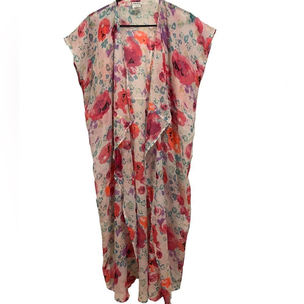 Studio Thirty Six Neon Floral Kimono Sleeve Maxi Lightweight Duster Swim Coverup